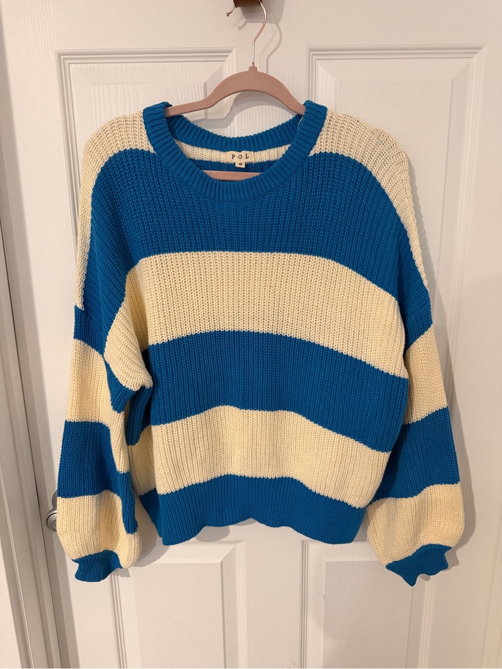 POL Blue and Cream Striped Crewneck Sweater